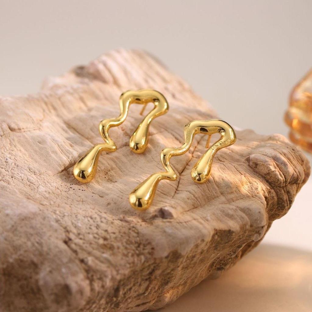 18K Gold Plated Irregular Water Drop Cross Stud Earrings for Women - Stainless Steel, Colorfast, High-End Accessories.