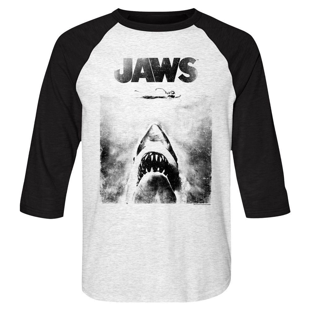 Jaws Black And White Poster 3 4 Sleeve Movies Raglan XL