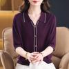 Mom's Autumn Ice Silk Knit Top: Stylish Mid-Sleeve Design with Lapel and Hot Drill Details, Perfect for Middle-Aged Women.