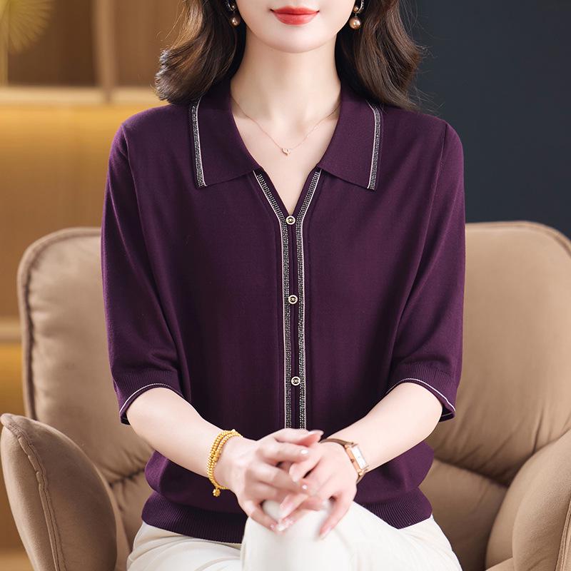 

Mom s Autumn Ice Silk Knit Top: Stylish Mid-Sleeve Design with Lapel and Hot Drill Details, Perfect for Middle-Aged Women. 2XL (115-125 lbs)