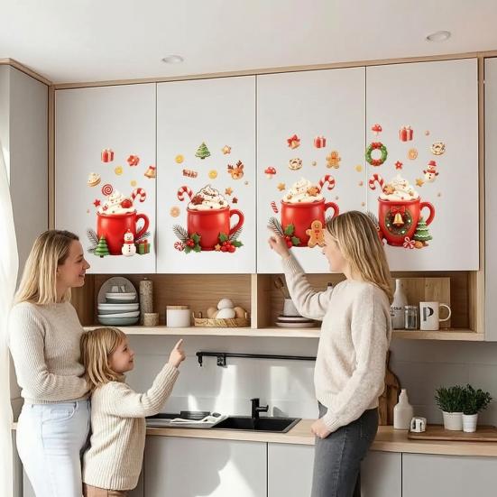 Self Adhesive Refrigerator Decor 2Pcs Christmas Hot Drinks Wall Stickers for Kitchen Cabinets, Self-Adhesive Art Holiday Fridge Decorations