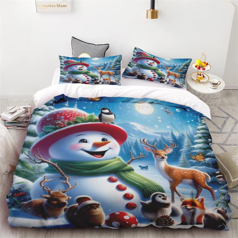 New Style Duvet Cover Christmas Snowman Flower Three-piece Set One Quilt Cover Two Pillowcases Single Double Bed Queen King