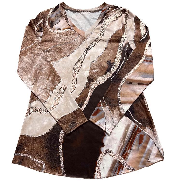 

Модная женская футболка с V-образным вырезом, с красочным принтом, в стиле кэжуал, для весны и осени 5XL верблюд