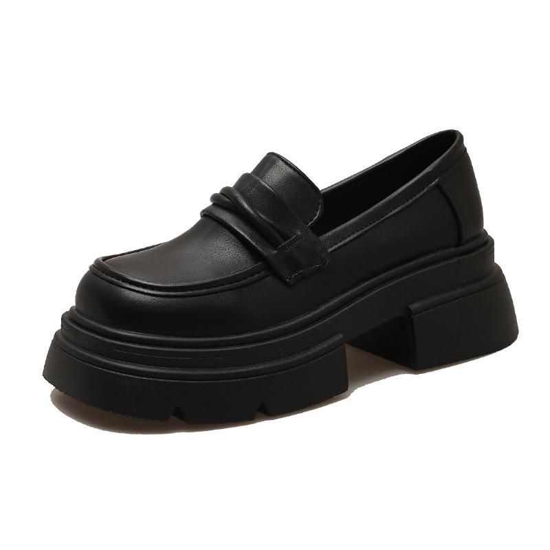 High-heel Loafers for Women, Height-increasing Women's Shoes, British Style Small Leather Shoes for Women, Black Single Shoes