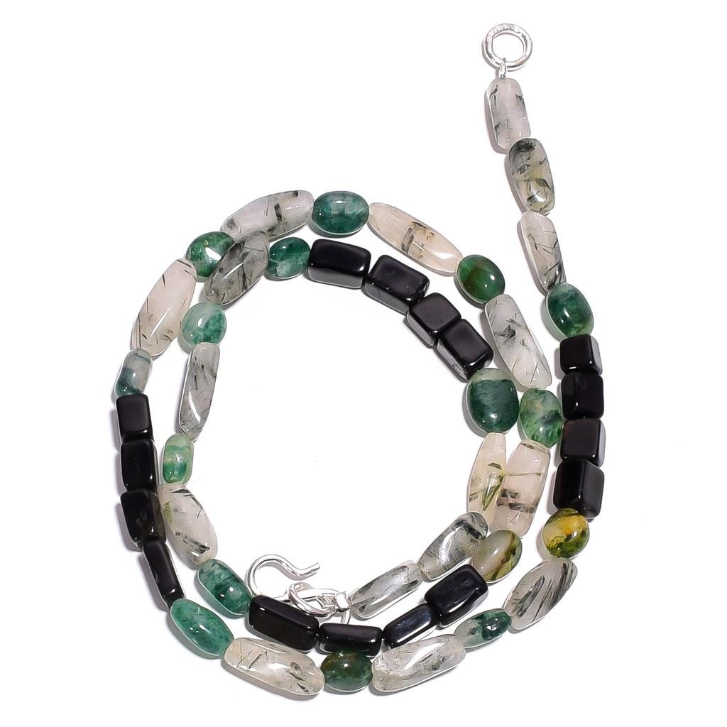 Natural Black Onyx Rutile Quartz Aventurine Gemstone Beads Necklace 17" UB-5065 UB-5065