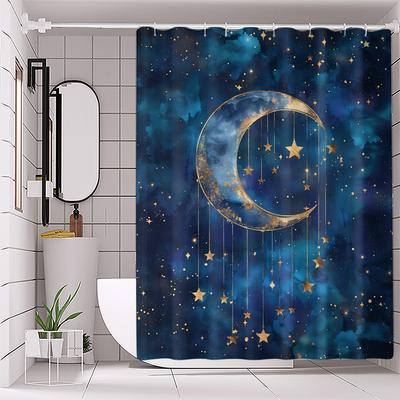 Starry Night Moon Shower Curtain – Crescent & Stars Print, Polyester with No-Drill Hooks for Celestial-Themed Bathroom Decor