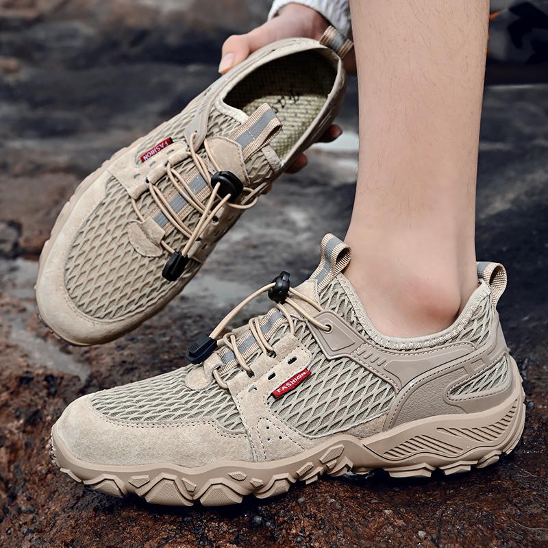 Men’s Outdoor Hiking Shoes Grey Driving Shoes Casual Slip on Summer Black Mesh Shoes Plus Size 45 46