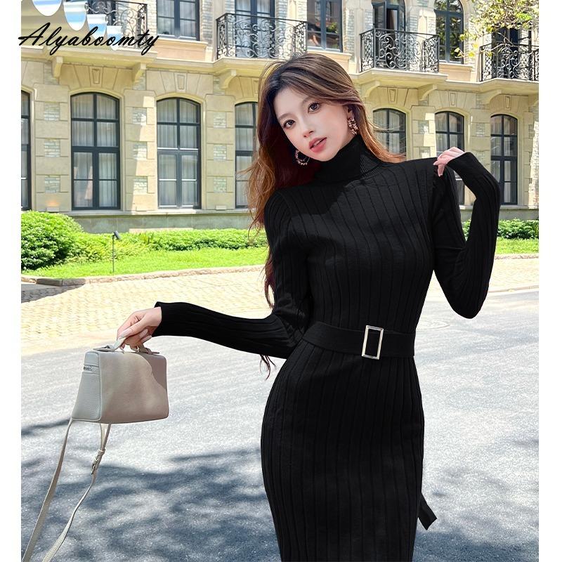 

Корейская Мода Осень Зима Женское Платье-Свитер Водолазка Черный Синий Зеленый Оранжевый Розовый Вязаное Платье Вязаное Бодикон Теплое Элегантное Платье ONE SIZE