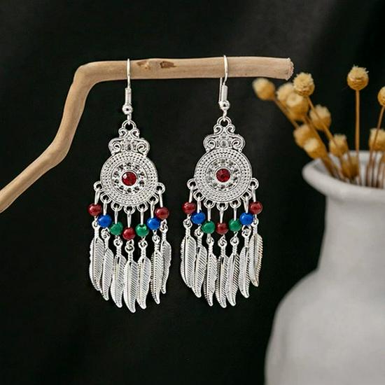 Peacock Tassel Earrings with Hollow Leaf Design in Retro Ethnic Style Imitation Silver for Women