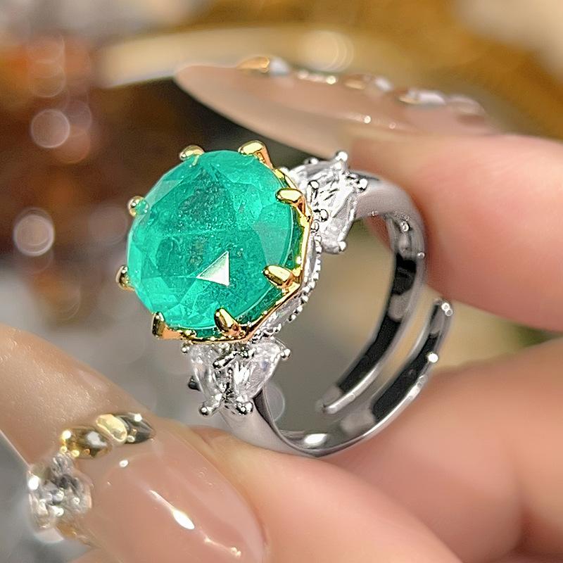 Ring Jewelry Colored Treasure Round Heavy Industry Luxury Inlaid Ring Women'S Two-Color Gold-Plated Ring