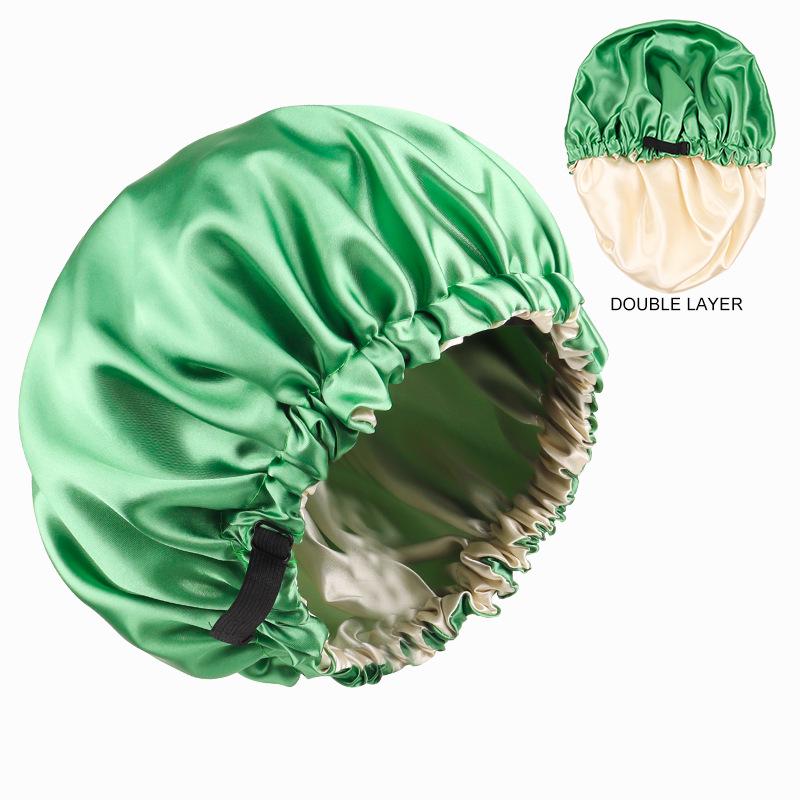 Dual-Layer Satin Sleep Cap with Adjustable Buckle, Reversible Solid Color Design - Elastic European/American Shower Cap