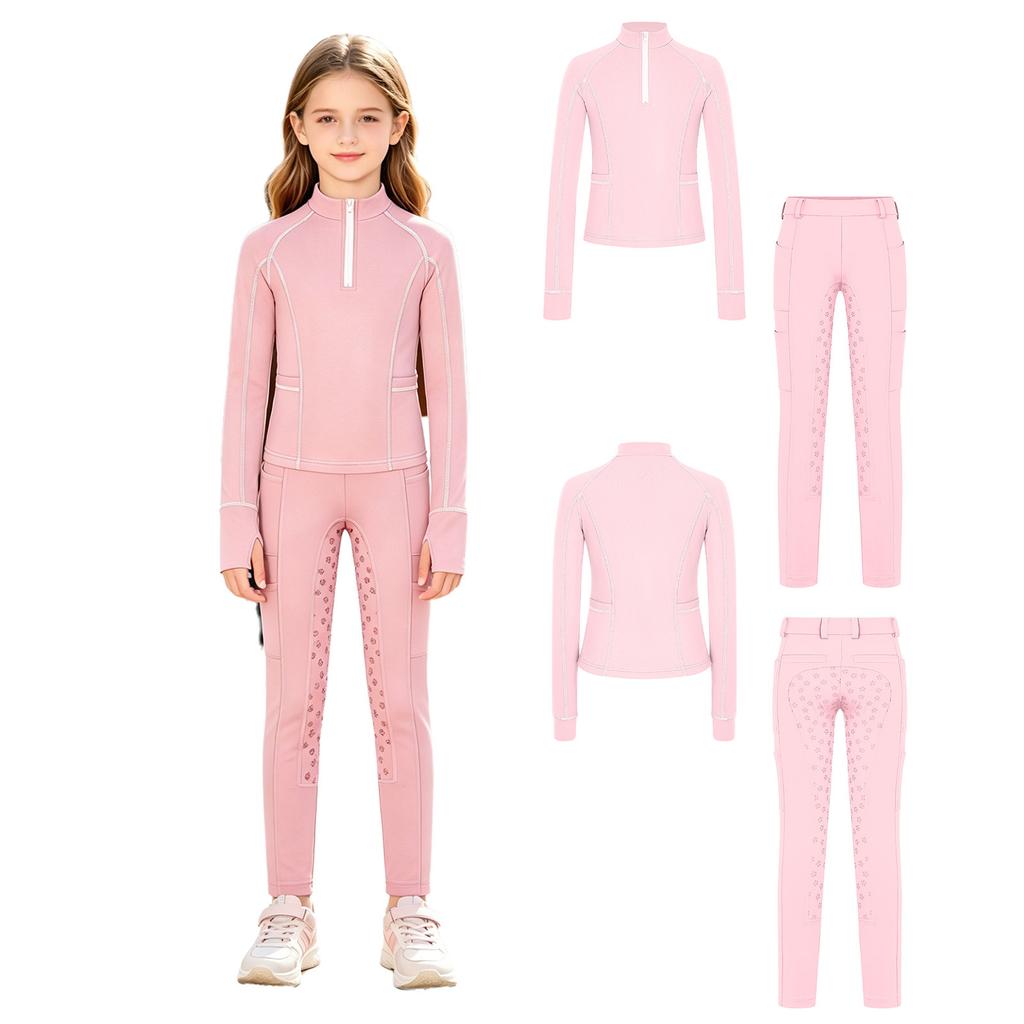 Tenue d'équitation pour filles Ensemble à col montant, manches longues avec trous pour les pouces, pull à fermeture éclair avec pantalon d'équitation à grip intégral antidérapant pour l'entraînement
