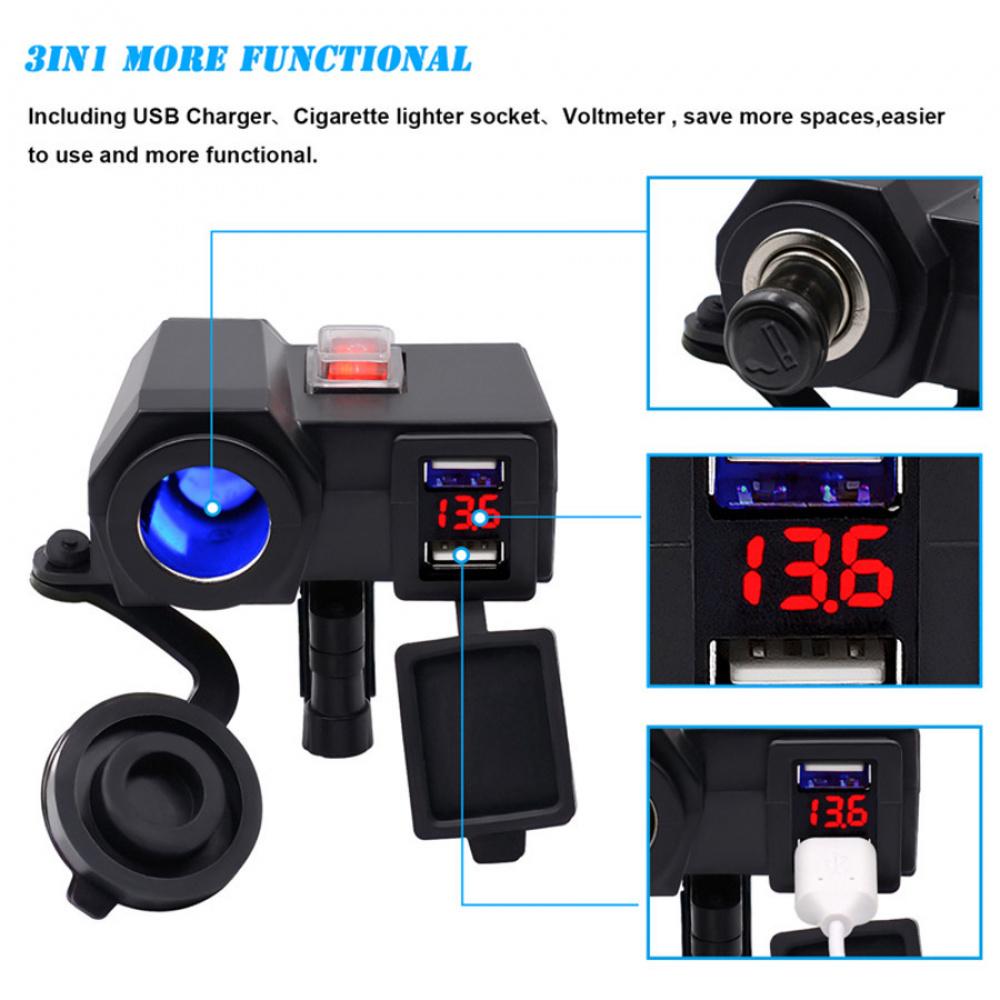 Dc12V Waterproof Motorcycles Handldbar 2Usb Port Adapter Blue Led With Voltmeter