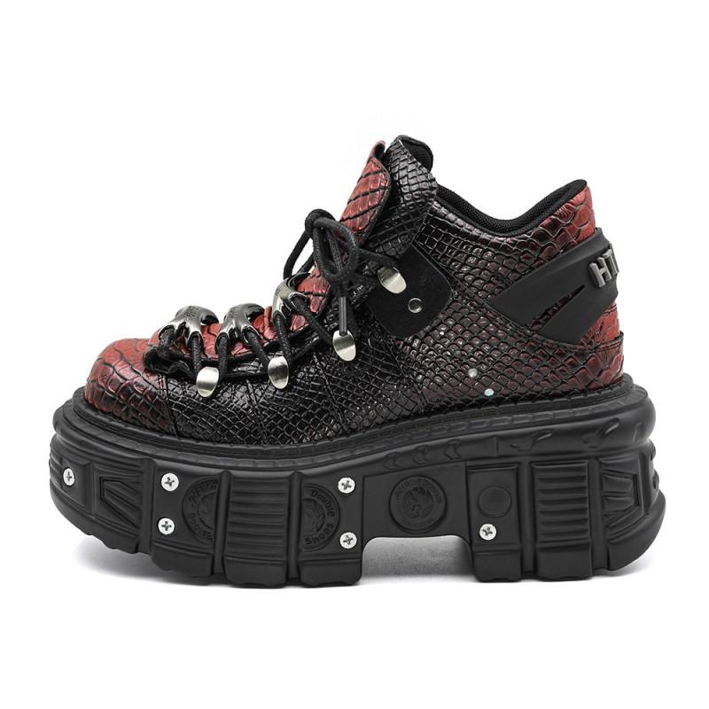 Womens Punk Platform Combat Boots Wine Red Snake Print Chunky Sole High Heel Lace-Up Ankle