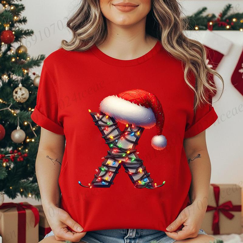Women's Casual T-Shirt Christmas-lights-wrapped-letter Graphic Tshirt Christmas Design Round Neck Short Sleeve Tee Shirt Clothes