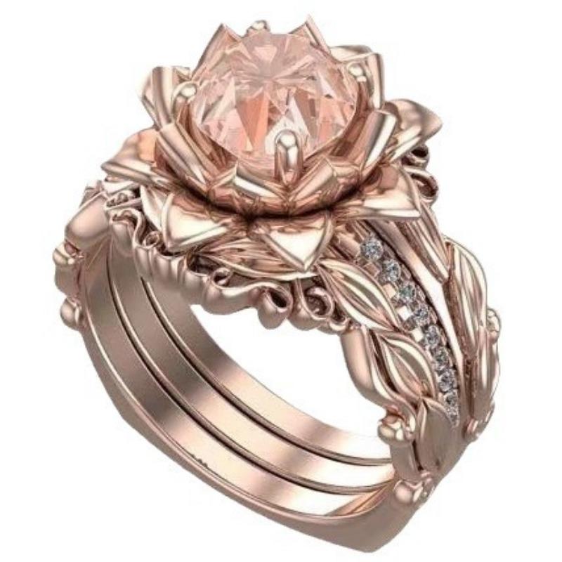 New hot selling winter three piece women s ring set in Europe and America, rose inlaid zircon ring 6&ROSE GOLD COLOR жёлтый