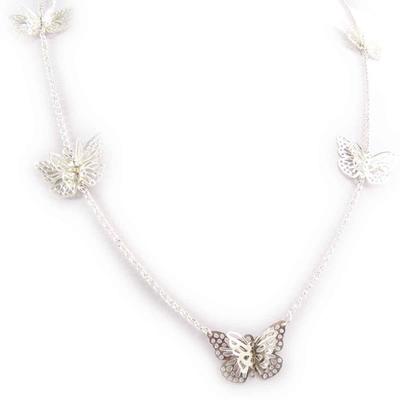 [J7962] - Silver 'Butterflies' Long Necklace