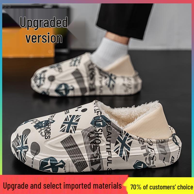 Men's Winter Waterproof Fleece-Lined Cotton Slippers - Plus Size, Dual-Use, Wrap-Heel, Half-Slippers for Outdoor & Home Use
