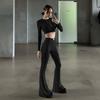Fall Fashion New Arrival Pure Color Minimalist Round Neck Midriff-Baring Long Sleeves Tops High Waist Straight-leg Bootcut Trousers Casual Suit