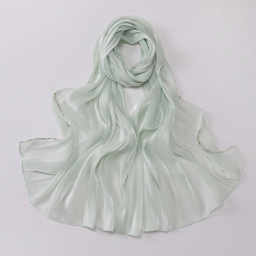 High Qulaity Solid Color Silk Scarf Unilateral golden chain Shining Sunscreen shawl Long Soft Chiffon Hijab Veil Outdoor