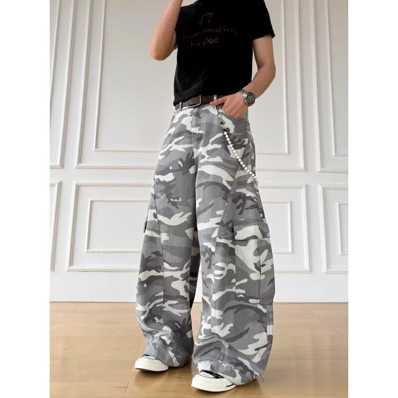 American Retro Camouflage Wide-leg Overalls Trendy Brand Loose and Handsome Casual Scimitar Jeans for Men and Women