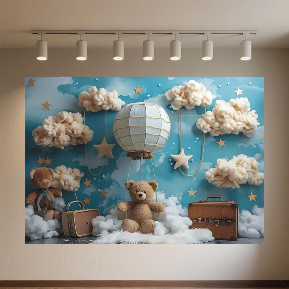 Cartoon Hot Air Balloon Teddy Bear Photography Backdrop Kids Birthday Party Decor Baby Shower Supplies Newborn Photo Shoot Prop