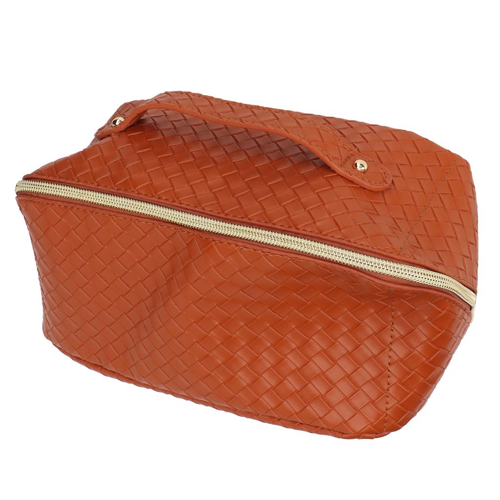 Makeup Storage Bag PU Leather Woven Pattern Zipper Closure Cosmetic Organize Pouch for Travel Brown
