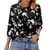 Women's Floral Print 3/4 Sleeve Round Neck Pleated T-Shirt Top Casual Lightweight Blouse with Elastic Cuffs and Relaxed Fit for Everyday Wear