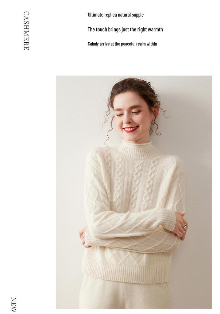 Women's Half-High Neck Cable Knit Cashmere Sweater - Diamond Pattern, Thick & Warm for Autumn & Winter