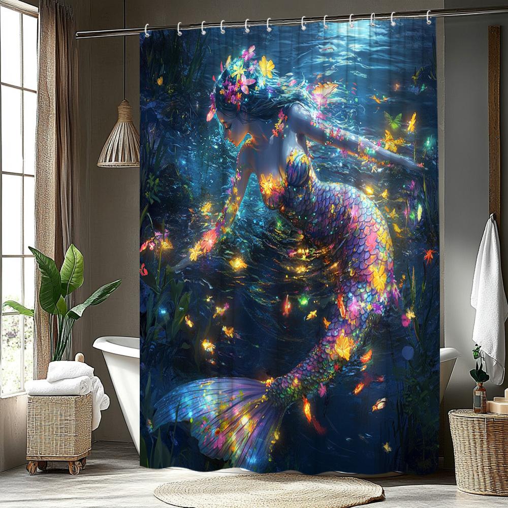 Enchanting Mermaid Print Waterproof Shower Curtain for Bathroom, Colorful Ocean Design High-End Toilet Partition Curtain