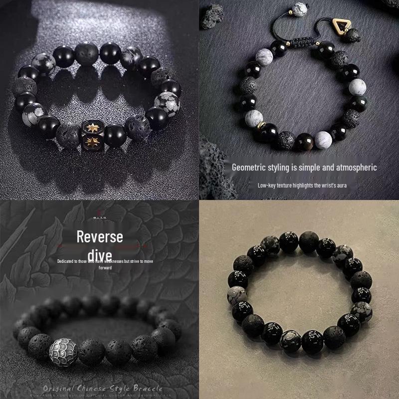 Rogue Handsome Volcanic Obsidian Bracelet: Trendy Adjustable Retro Jewelry for Men & Women.