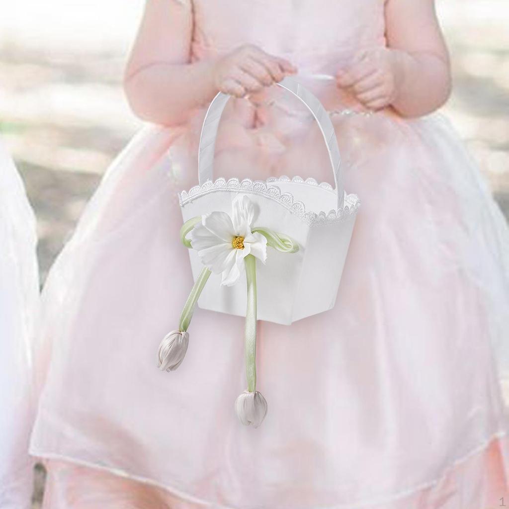 Flower Basket for Wedding with Handle And Ribbons, Gift Girl Bridesmaid