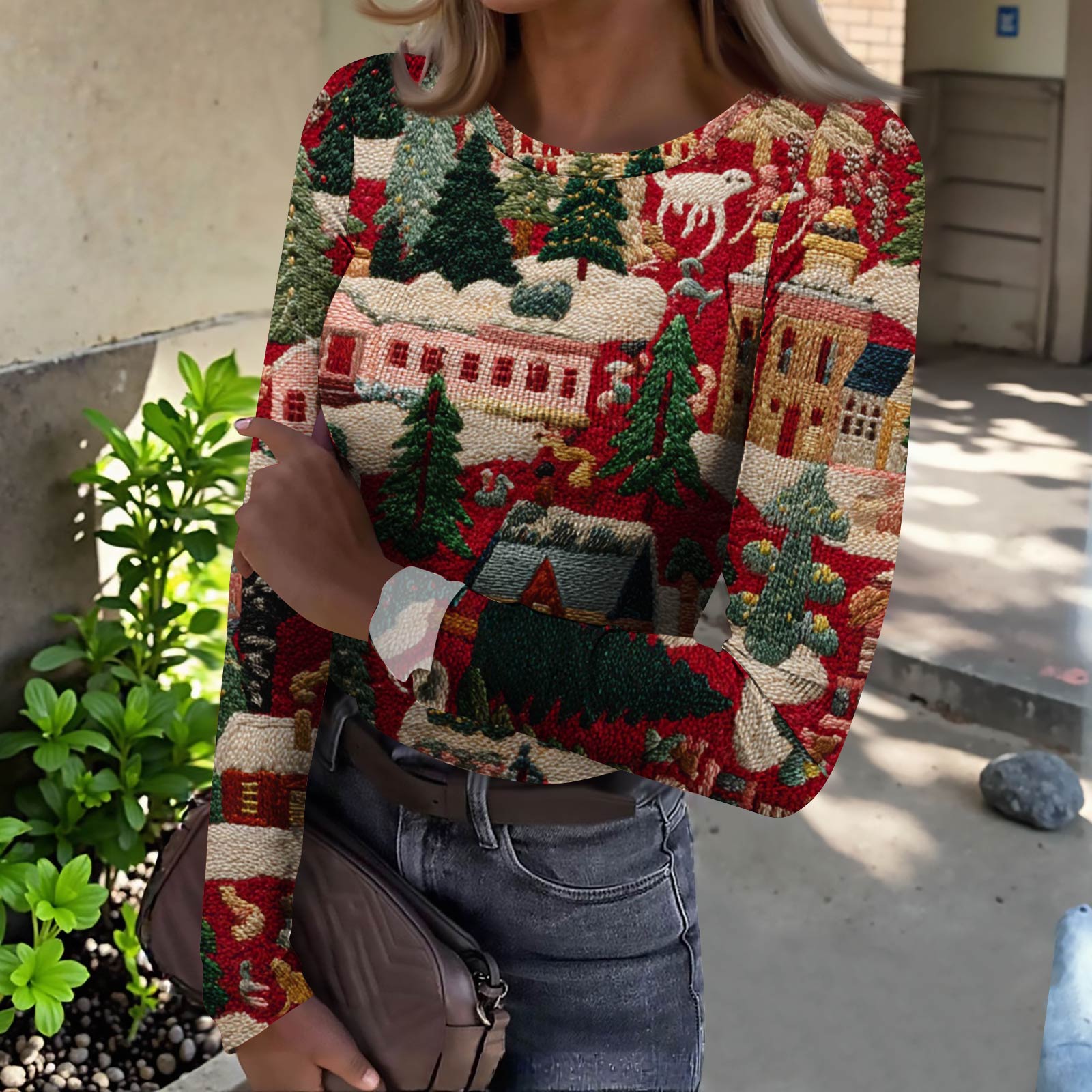 

Женская футболка с облегающим низом, модная повседневная с градиентным принтом, пуловер с круглым вырезом и длинными рукавами XXL винный