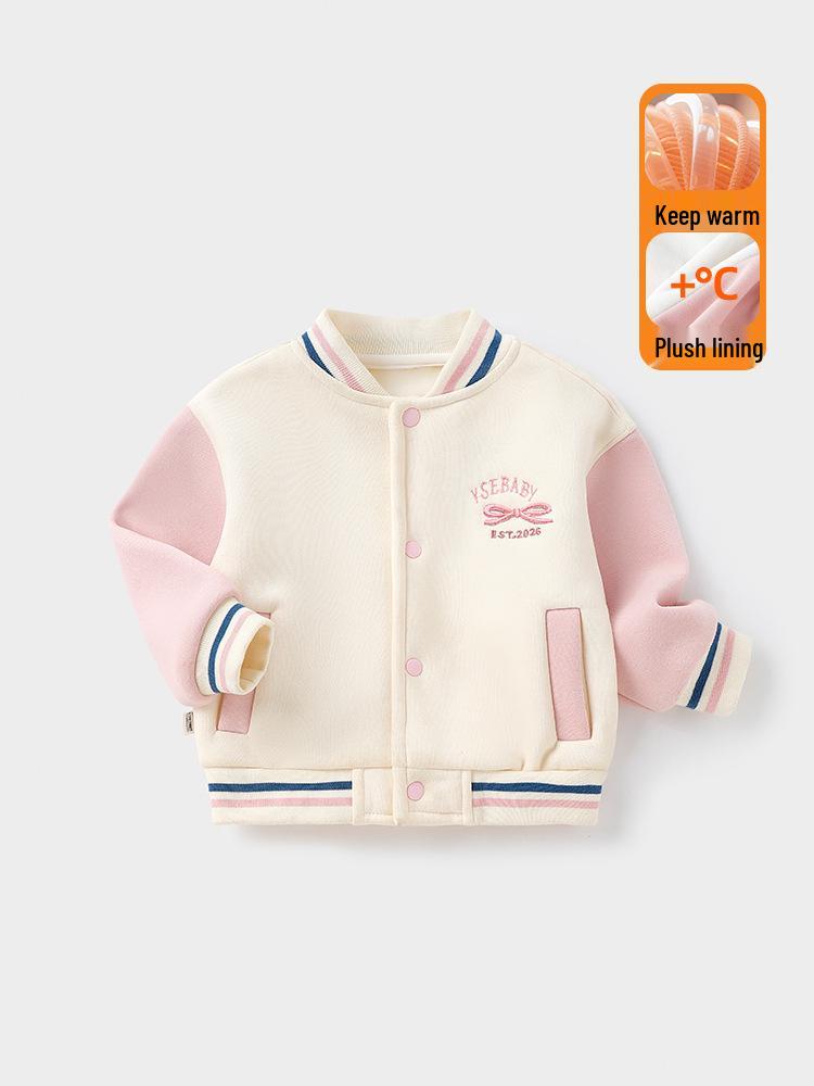 Girls' Cartoon Baseball Jacket: Warm, Fleece-Lined, Thick Cotton Coat With Stand Collar for Autumn/Winter.