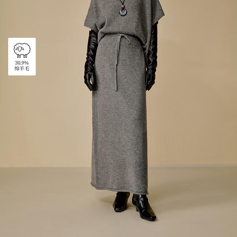 INMAN Retro Drawstring High-Waist Wool Blend Knit Midi Skirt L