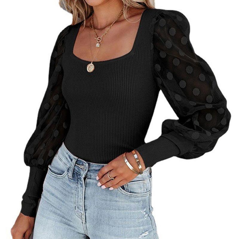Frauen Frühling Mesh Puff Langarm Rippen Gestricktes Hemd Lose Beiläufige Tupfen Bluse Tops Elegante Rollkragen Party Clubwear