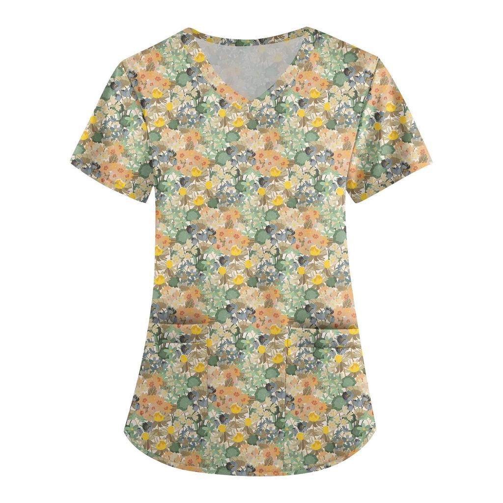 Süße bedruckte Arbeitskleidung für Damen, V-Ausschnitt, doppellagige Taschen, Basic, kurzärmeliges Oberteil, Pullover, Valentinstag