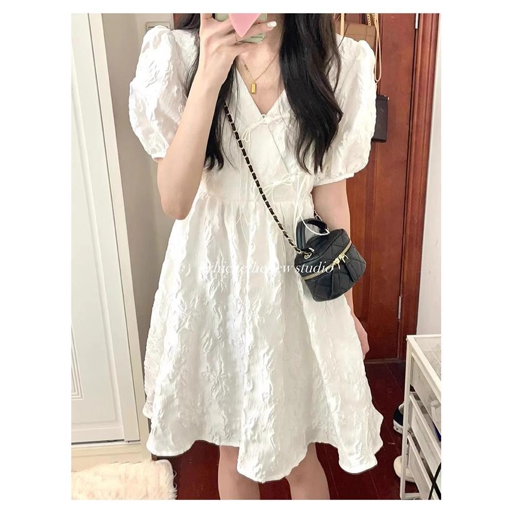 

Elegant French Puff Sleeve V-Neck Printed Long White Dress for Women - Summer Waist-Slimming & Petite Fit XL (recommended 110-120 jin)