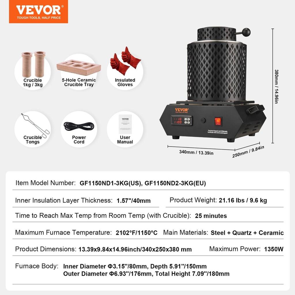 Four de fusion de l'or, 1350 W, Température maximale de 1150 °C, Four de fusion électrique numérique avec creusets en céramique de 1 kg et 3 kg, Pinces à creuset, et