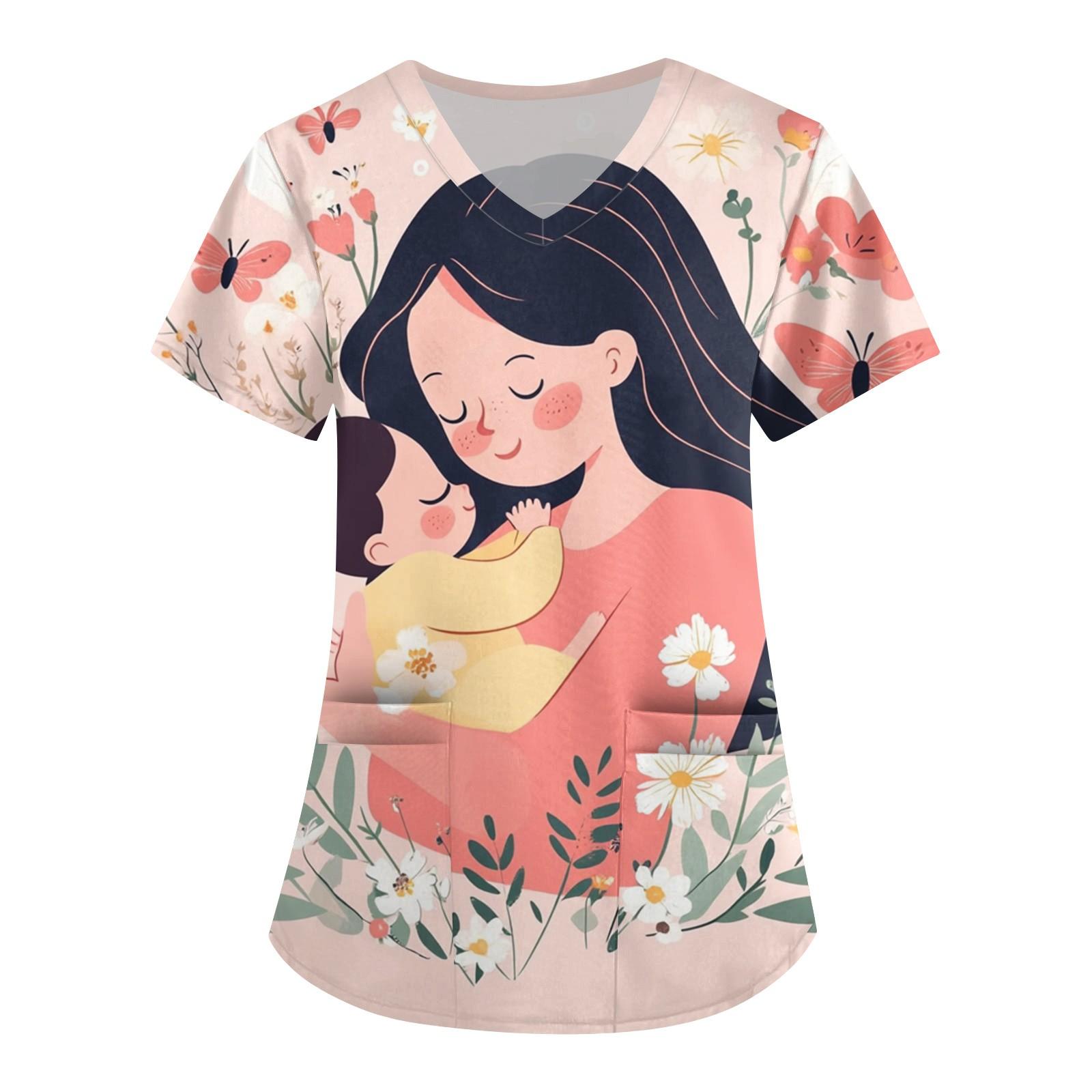 

Women s Fashion V-neck Short-sleeved Work Clothes With Pockets Mother s Day Print Top Care Wear XXXL шафрановый