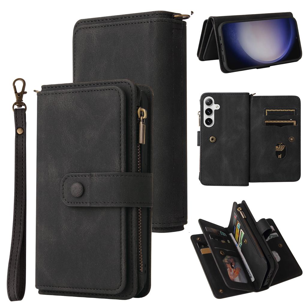 For Samsung Galaxy S24/Galaxy S25 Zipper Wallet Case with 15 Card Slots and Strap Leather Phone Cover