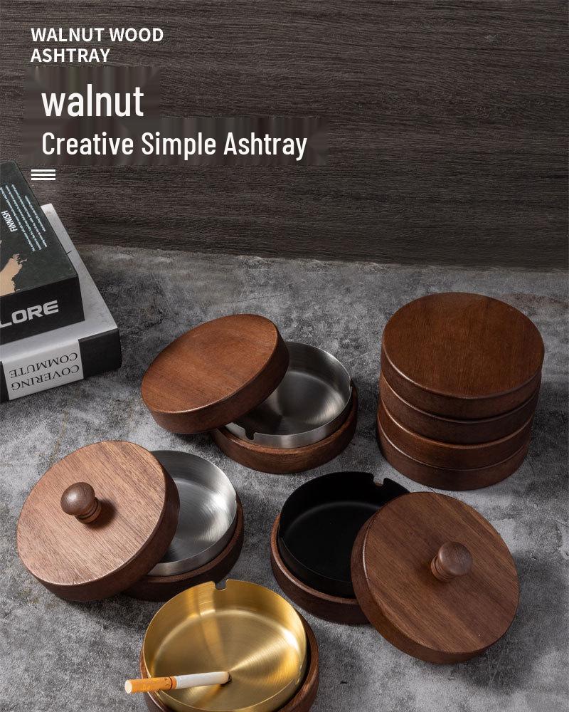 Gold-Stainless Steel Ashtray with Lid, Solid Wood Base – Anti-Ash Design for Home and Office, Ideal Gift.