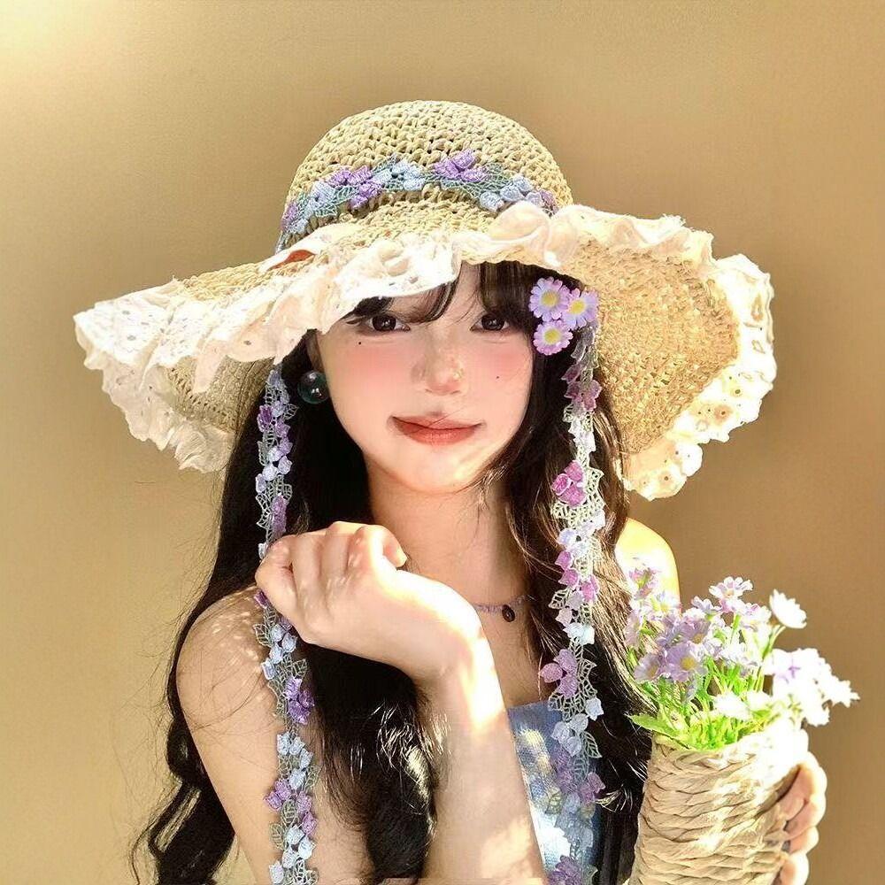 Foldable Lace Trim Hats Sun Protection Straw Sun Visors High Quality Straw Hat  Women Girls