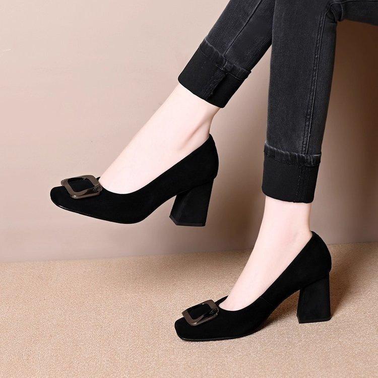 French square buckle suede single shoes autumn new light mouth temperament square head high heels commuter shoes