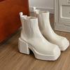 Fashion Four Seasons Block Heel Platform Single Boots Women's Square Toe Side Zip Anti-Slip Wear-Resistant Short Shoes
