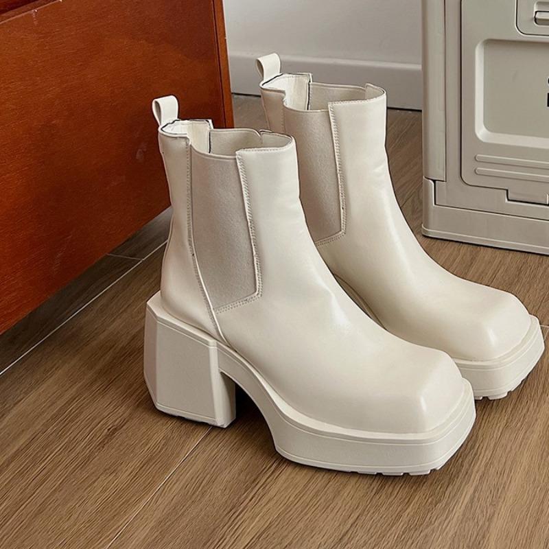Fashion Four Seasons Block Heel Platform Single Boots Women's Square Toe Side Zip Anti-Slip Wear-Resistant Short Shoes