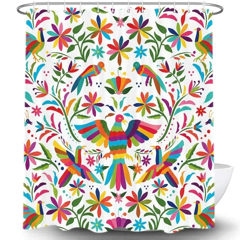 Mexican Floral Shower Curtain, Ethnic Art, Birds and Paisley, Flowers in White,Polyester, Waterproof, Bathroom Decor