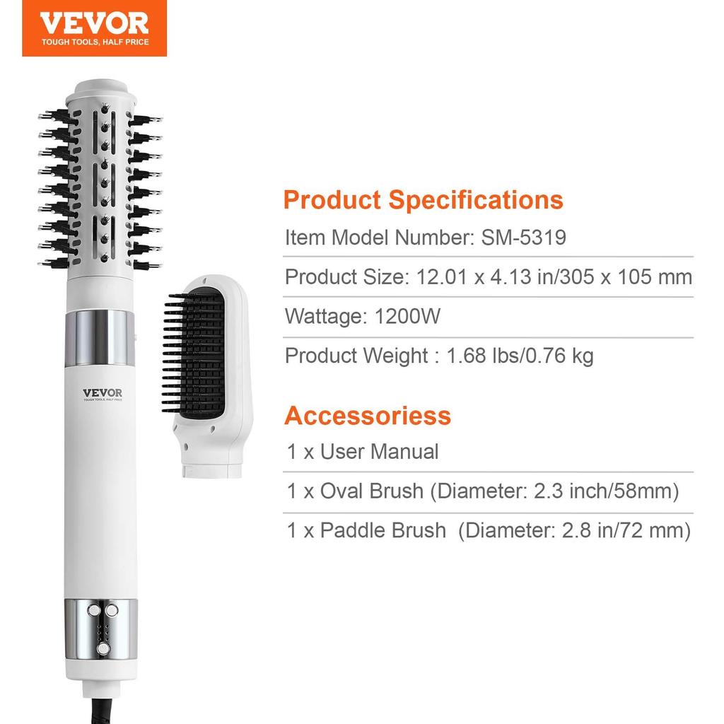 VEVOR Hair Dryer Styler, Ionic Hair Dryer Brush, 110,000RPM High-Speed Hot Air Styler with Oval & Paddle Brush