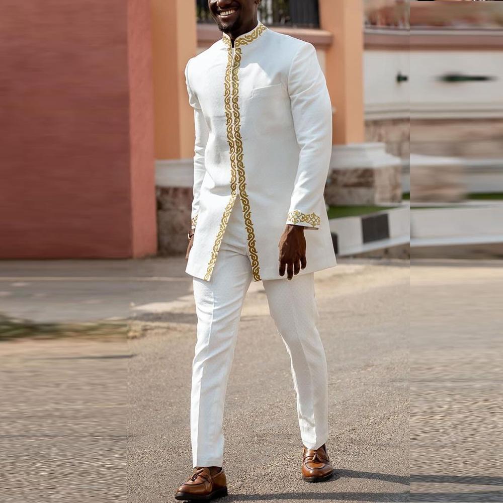 White Kaftan Men's Suit Embroidery Floral Top Pants Kaunda Suit Casual Outfits Wear Traditional 2PCS Set