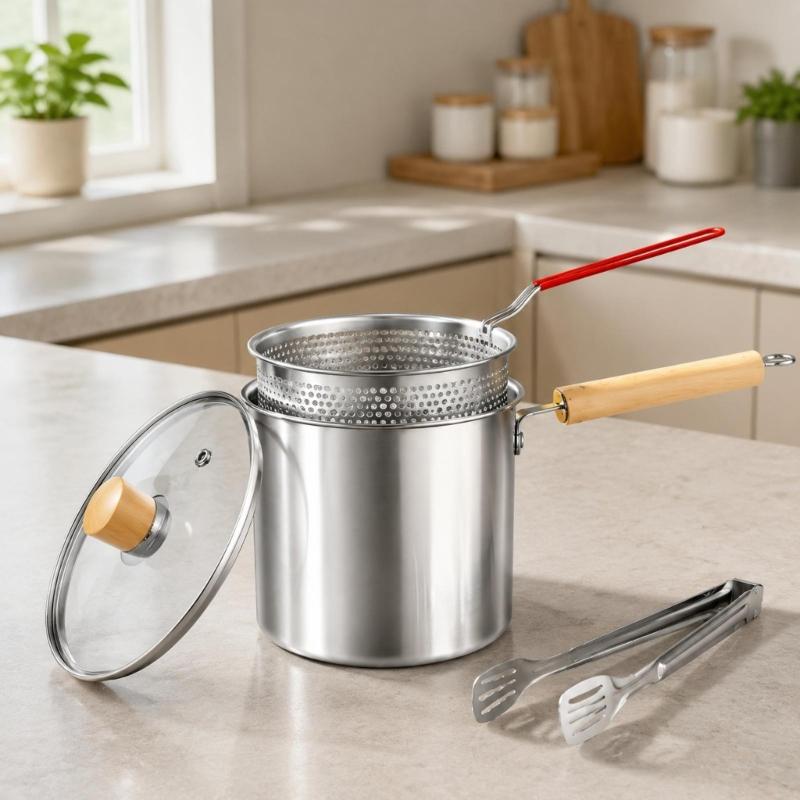 Perforated Insert Cooking Vessel with Metal Body, Glass Cover and Food Handling Tool for Raising Ready Items from Oil During Daily Meal Preparation